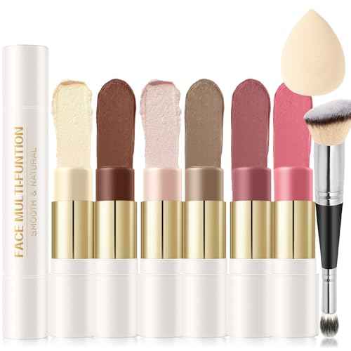 6 Colors Cream Contour Stick Makeup Contour Kit, Double-ended Cream Bronzer for Sculpt, Highlighter and Blush Stick Makeup Kit, Matte & Dewy Finish (SET A)