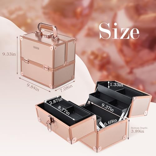 Rose Gold Makeup Train Case with 4-Tier Trays & Lock