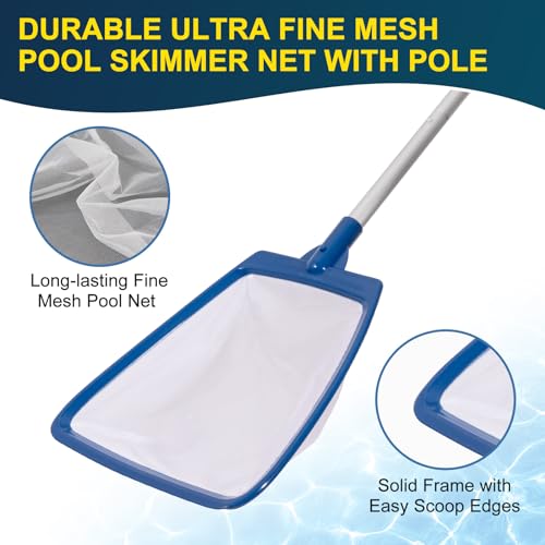 POOLAZA Pool Skimmer Net, Larger Capacity Pool Net Skimmer with Durable Deep Net, Sturdy Frame Pool Nets for Cleaning Effortlessly, High-Efficiency Pool Leaf Net with Easy Scoop Edges