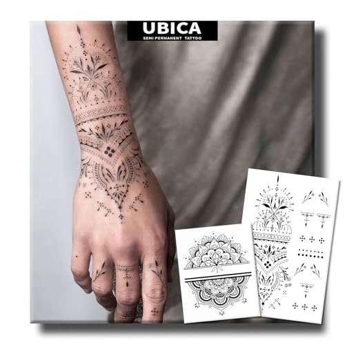 Tattoo Tech, 2 Sheets Henna Design Semi Permanent Tattoo, Black Boh?mian Totems Realistic Fake Temporary Tattoos for Men Women, Lasts 7-15 Days Arm Finger Stickers, Waterproof & Non-Reflective