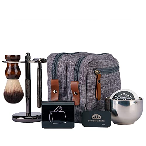 Grandslam Shaving Kit for Men, Safety Razor with 10 Blades, Shaving Brush, Stand and Soap Cream, Stainless Steel Bowl, Canvas & Leather Dopp Kit Gift Set