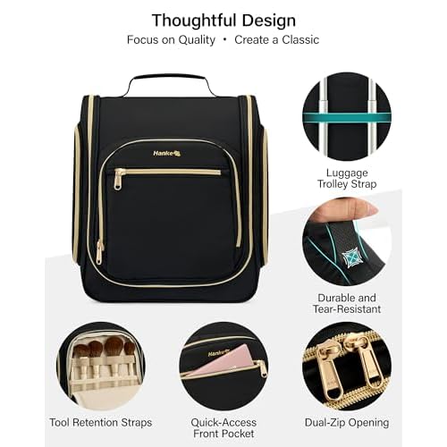 Hanke Hanging Travel Toiletry Bag for Men and Women, Water-Resistant Toiletries Bag Makeup Organizer with Hook, Cosmetic Bag for Bathroom & Travel Essentials Accessories, Black
