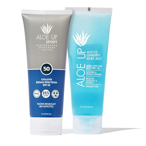 Aloe Up Sport Sunscreen Lotion SPF 50 and Aloe Ice Sunburn Relief Jelly - Bundle with Sun Screen Protector for Face and Body and After Sun Gel - With Pure Aloe Vera Gel - Reef Friendly - 2 Items