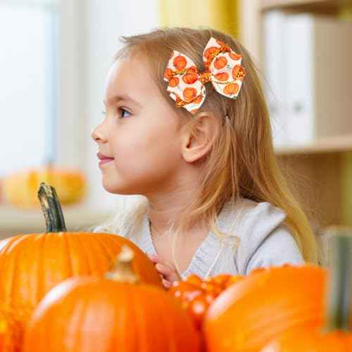 Thanksgiving Hair Bows for Girls, IKOLA Orange Pumpkin Hair Clips Handmade Grosgrain Ribbon Hair Bow Clips, Non Slip Metal Alligator Hair Barrettes Hairpins | Glitter Hair Accessories for Fall Autumn