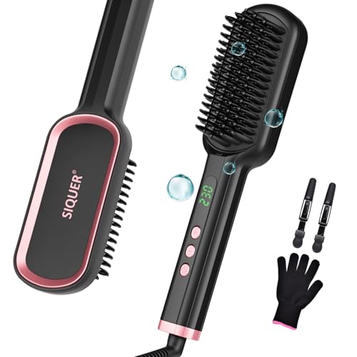SIQUER Ionic Hair Straightener Brush – 13 Temps LCD, 45s Fast Heating