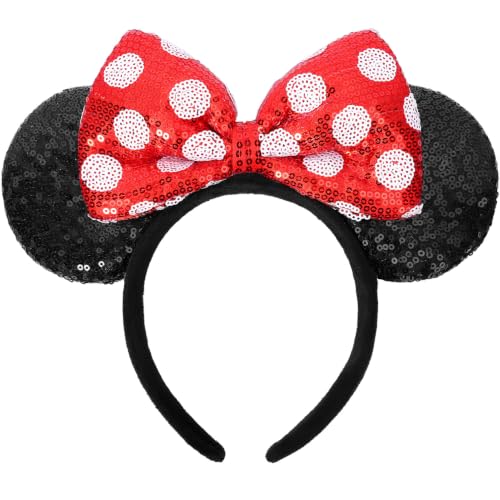UNSPAZ Red White Dot Sequin Mouse Ears Headband for Women Girls Boys - Cosplay & Party Accessories