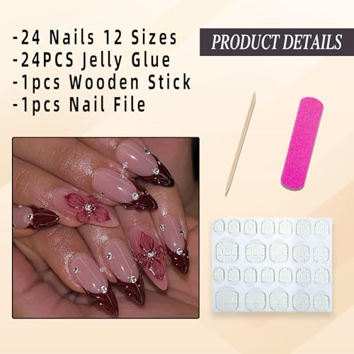 Medium Almond Red French Tip Press On Nails with Rhinestones - 24 Pcs