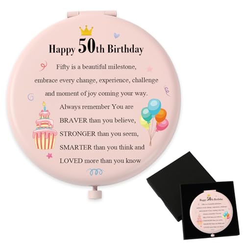 50th Birthday Pink Compact Mirror for Women - Unique Gift for Mom, Grandma, Wife, Sister, Aunt - Ratifyale