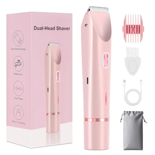 Bikini Trimmer for Women, 2 in 1 Electric Razors for Women, Rechargeable Cordless & Painless Hair Removal, Ultra Low Silent, Easy Cleaning, IPX7 Waterproof Bikini Shaver for Sensitive Skin (Pink)