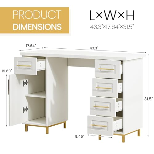 MaverickFurni 43" Nail Tech Desk White with 5 Drawers