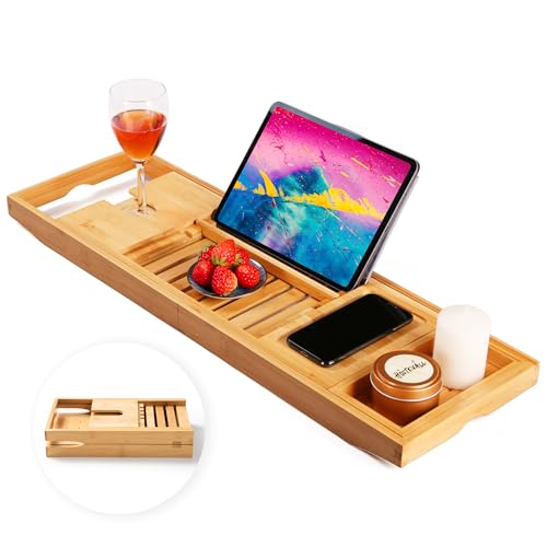 Bamboo Bathtub Caddy Tray with Wine & Book Holder
