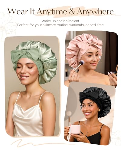 Adjustable Satin Sleep Bonnet with Tie Band for Curly Hair