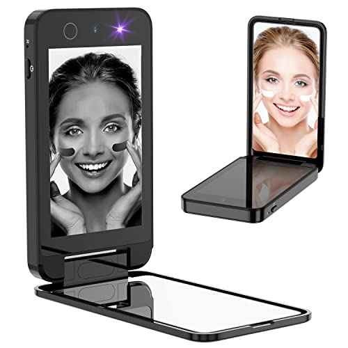 UV Camera for Sunscreen Test UV Mirror Sunscreen Camera, 4 Inch Vanity Mirror Rechargeable Compact Travel Makeup Mirror Handheld Double-Sided Pocket Mirror for Skin Protection(Dark Black)