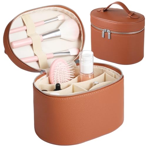 Makeup Vanity Bag for Women - Large Capacity Cosmetic Organizer with Removable Liner, Waterproof PU Leather Skincare Bag, Portable Chic Cosmetic Make Up Case for Skincare, Brushes, Accessories, Brown