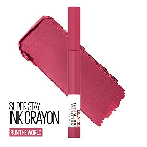 Maybelline Super Stay Ink Crayon Lipstick Makeup, Precision Tip Matte Lip Crayon with Built-in Sharpener, Longwear Up To 8Hrs, Run The World, Magenta Pink, 1 Count