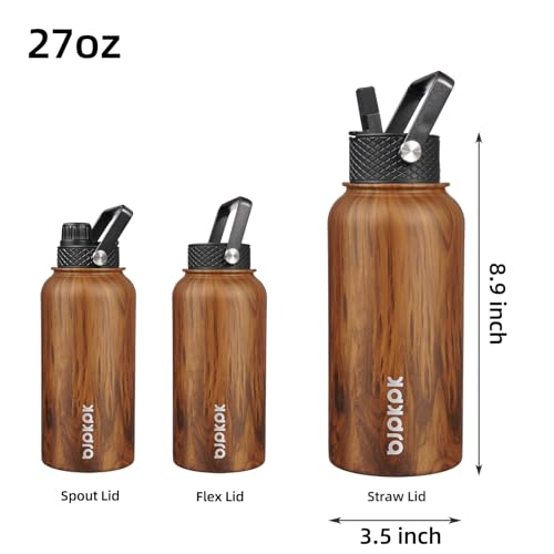 BJPKPK Insulated Water Bottles with Straw Lid, 27oz Stainless Steel Water Bottle with 3 Lids, Leak Proof BPA Free Metal Thermos Mug, Sports Water Bottle Keep Cold & Hot- Teakwood