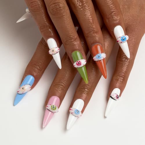 Colorful Hand-pained Devil eyes Handmade Press On Nails,Long Stiletto Glue On Nails,3D Relief Mesmerizing False Nails For Women And Girls,10Pcs/Set With Glue,(White-S),FOB