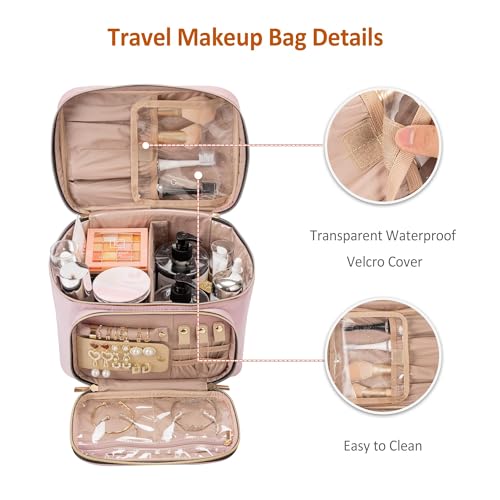 Travel Makeup Bag with Jewelry Organizer - Pink, Single-Layer, Waterproof Cosmetic Case for Brushes & Accessories
