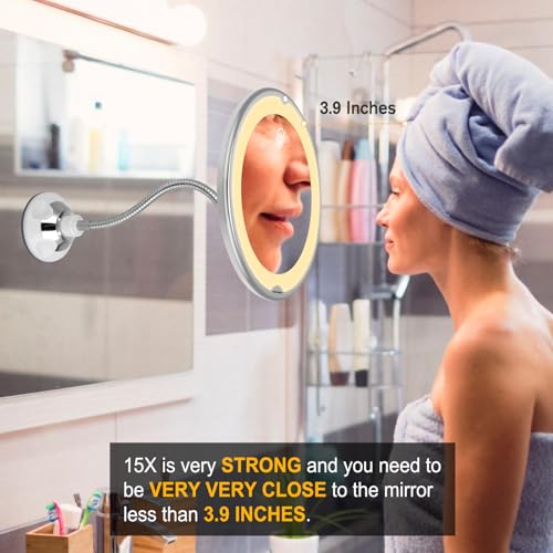 15X Magnifying LED Vanity Mirror with Suction Cup - Flexible Gooseneck