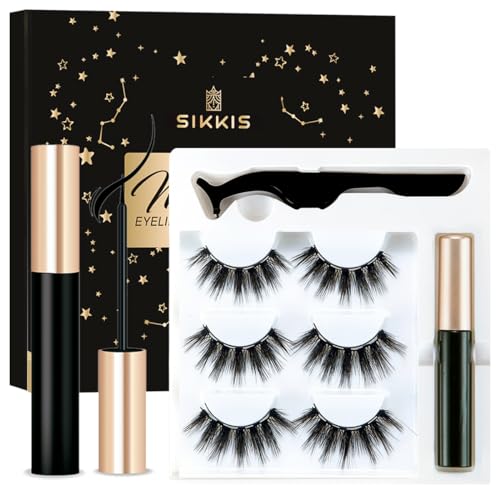 Sikkis Magnetic Eyelashes with Eyeliner - Magnetic Eyeliner and Lashes Kit, 5D Faux Mink Lashes,Eyelashes Long Reusable False Lashes (3 Pairs)