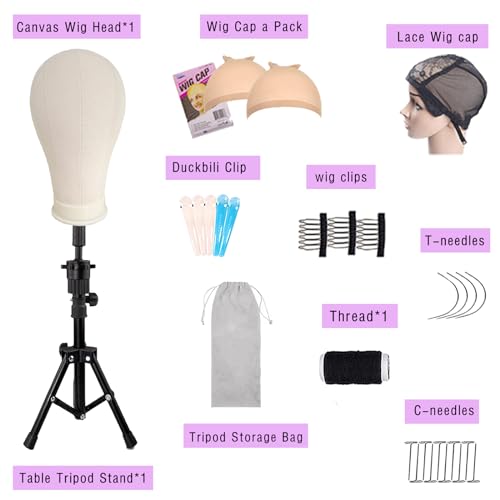 23 Inch Wig Head,Wig Stand Tripod with Head,Canvas Wig Head,Wig Head Stand with Mannequin Head for Wigs,Manikin Canvas Head Block Set for Wigs Making Display with Table Clamp, Wig Cap and T pins…