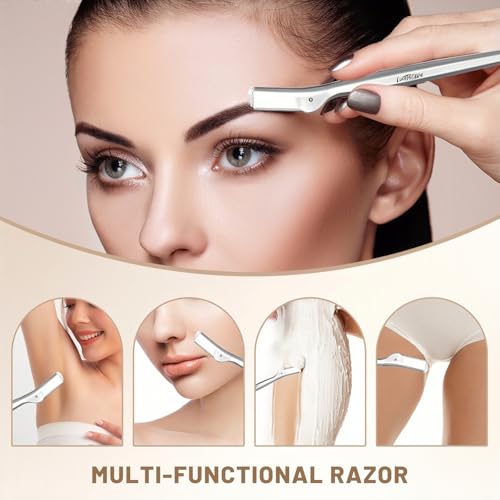 Stainless Steel Eyebrow Razor - Face Razors with Travel Cover & 10 Refill Blades, Eyebrow Brush - Help Exfoliate and Smooth Skin for Eyebrow, Leg, BIKINI, Facial, Beard Remove - S