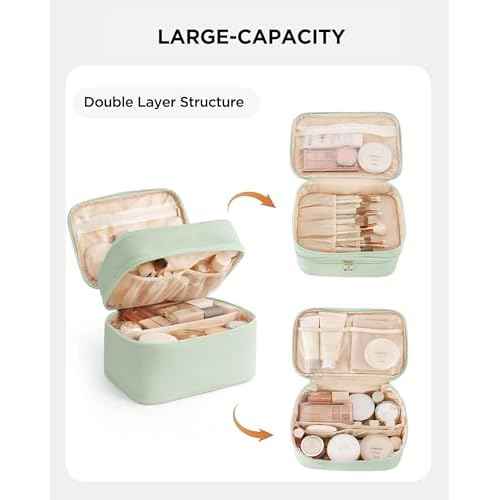 Makeup Bag for Women X-Large Travel Makeup Bag Organizer Portable Toiletry Bag Cute Makeup Bags Waterproof Leather Cosmetic Bag Makeup Case with Removable Dividers, Green