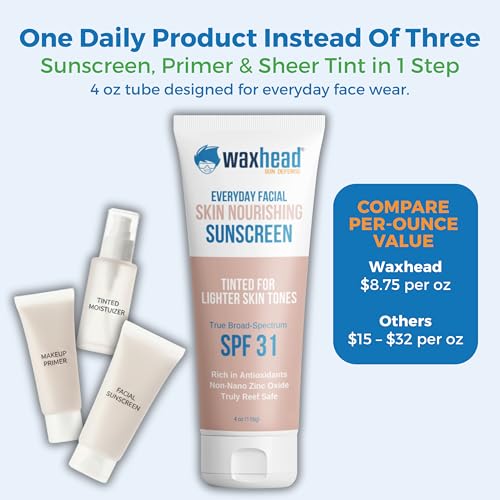 Waxhead Tinted Mineral Face Sunscreen SPF 31, 25% Non-Nano Zinc Oxide, Fragrance-Free, Non-Comedogenic, Tinted Moisturizer & Makeup Primer for Daily Wear (Light Tint 4 oz)