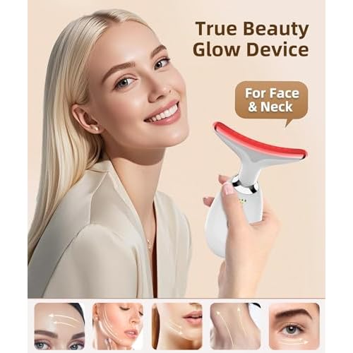 7 Color Face and Neck Massager Light Therapy, Red Light Based Facial Massager for Skin Care, Smoothing, Firming (White)