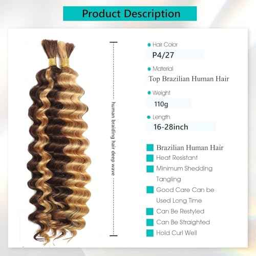 Human Braiding Hair 22 Inch 4/27 Highlight ombre Deep Wave boho Braids Human Hair 110g 2 Bundles/Pack No Weft Braiding Human Hair