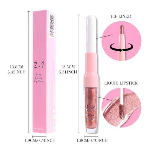 Rose Gold Metallic Lip Liner and Lipstick Combo Lip Gloss Tints Stain Set Makeup for Women Long Lasting Waterproof 24, Light Pink Metallic Glitter Shimmer Iridescent Liquid Lipstick lippies Lip Gloss