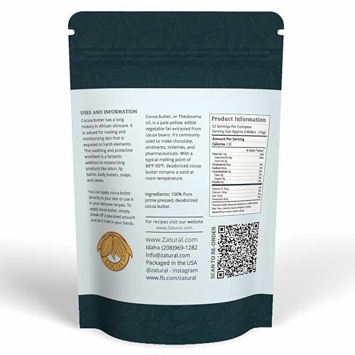 Zatural Raw Cocoa Butter Wafers Deodorized ? 100% Pure Food-Grade Prime-Pressed Cocoa Butter, Neutral Scent, for DIY Lotion Lip Balm Soap Chocolate & Candles (16 oz Wafers)