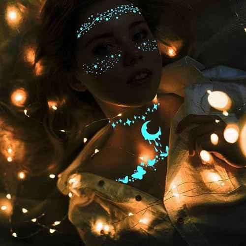 Blue Luminous Star Crescent Moon Temporary Tattoos For Women Clavicle Girls Adults Neck, 4 Sheets Sexy Lace Butterfly Planet Fake Necklace Glow In The Dark Tattoo Sticker, Night Glitter Party Supply