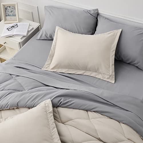 Bedsure Beige Twin Comforter Sets - 5 Pieces Reversible Twin Bedding Sets for College, Beige Extra Long Bed Set Twin with Comforters, Sheets, Pillowcase & Sham