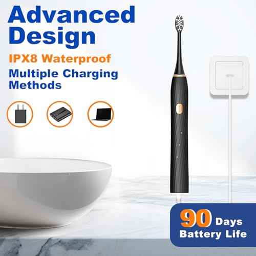 FXQQZZ Electric Toothbrush for Adults and Kids, with Tongue Scraper and Travel Case, 8 Brush Head, Smart Timer & 4 Modes Rechargeable Toothbrush, 42000 VPM Deep Clean, One Charge Last 90 Days - Black