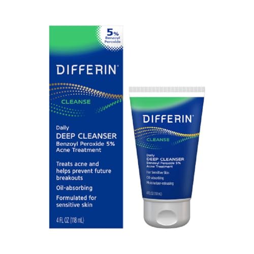 Differin Acne Face Wash with 5% Benzoyl Peroxide, Daily Deep Cleanser by the makers of Differin Gel, Gentle Skin Care for Acne Prone Sensitive Skin, 4 oz (Packaging May Vary)