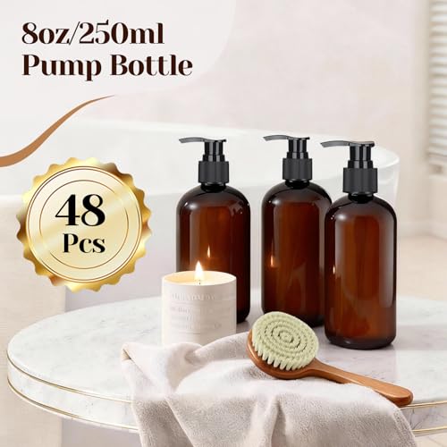 48 Pcs 8oz Plastic Amber Bottles with Pump Refillable Shampoo Dispenser Empty Hand Soap Pump Bottle Body Wash Container Bulk