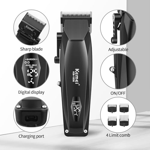 KEMEI KM-1856 Professional Hair Clipper for Men Cordless Hair Cutting Kits, Hair & Beard Trimmer, Adjustable Blade Barber Clippers with USB Rechargeable, Gift for Men