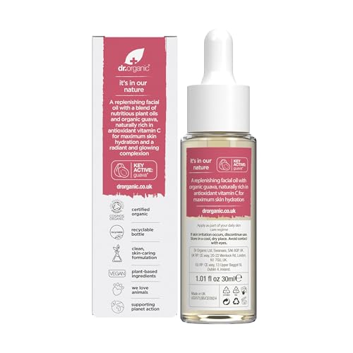Dr. Organic Guava Vitamin C Moisture Boosting Oil | Hydrating & Brightening for Dull, Dehydrated Skin, With Tropical Guava Extract, 100% Natural Origin, Vegan, 30 mL / 1 fl oz