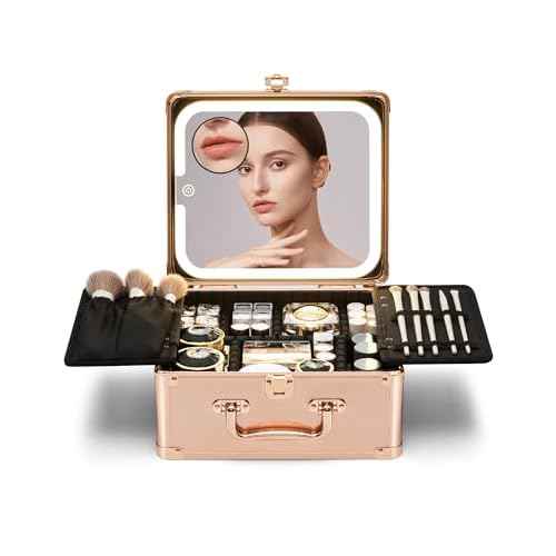 Makeup Box with Detachable Lighted Mirror?Travel Train Case, Cosmetic/Storage Organizer & Makeup Suitcase with Adjustable Dividers & Magnetic LED Mirror (Rose Gold)