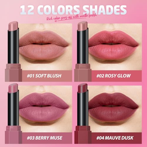 Jolilab 12-Color Velvet Matte Lipstick Set – Nude & Rich Shades