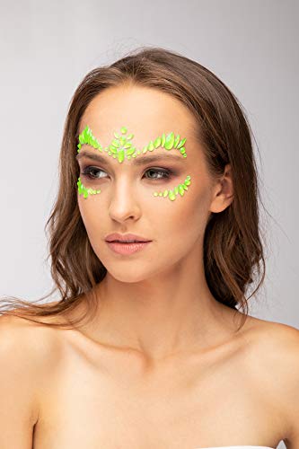 Neon UV Face Jewels by Moon Glow - Festival Face Body Gems, Crystal Make up Eye Glitter Stickers, Temporary Tattoo Jewels (Intense Green)