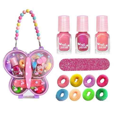 M&U MAKE YOU UP Butterfly Jewelry Case Nail & Hair Set - 3 Quick-Dry Polishes + 5 Fuzzy Elastics | Portable Beaded Clutch for Teens, FashionGift with Floral Charm Party Favors