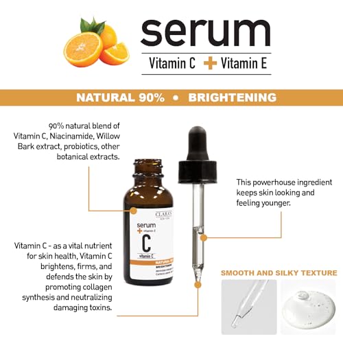 CLARA'S NEW YORK Natural Glowing Facial Serum Duo (Natural 100% Rosehip Oil serum 30ml & Natural 94% Vitamin C Face Serum 30ml) with Niacinamide and Hyaluronic Acid, Vitamin E Made in USA