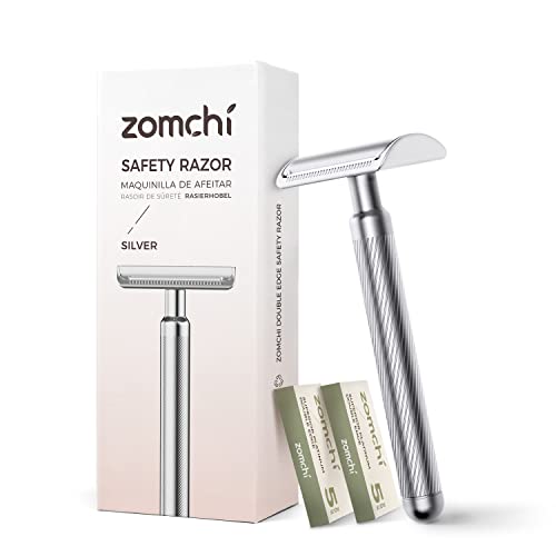 ZOMCHI Double Edge Safety Razor for Men & Women,[New Version 2.0 ] Metal Razor with 10 Double Edge Safety Razor Blades,Single Blade Razor ? Noble Silver