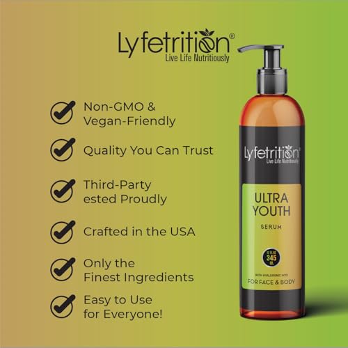 Lyfetrition Ultra Youth Serum | 12 oz Large Bottle | Anti Wrinkle Face Serum Hyaluronic Acid Wrinkle Reducing Formula For Face Topical Facial Serum For Flawless Skin Restores Boost Collagen