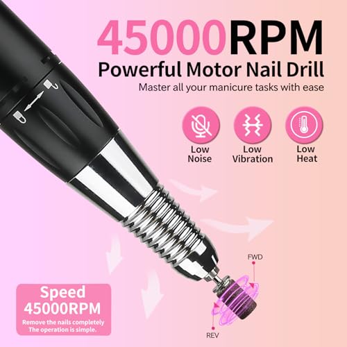 Mbllaie Black Professional Electric Nail Drill 45000 RPM Rechargeable & Portable