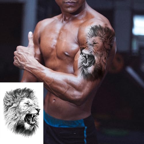 2 Sheets Realistic Animal Large Temporary Tattoos Stickers Sketch Lifelike Lion Roar Designs For Men Waterproof Arm Leg Fake Body Art, Gym & Parties Bold Masculine Decals