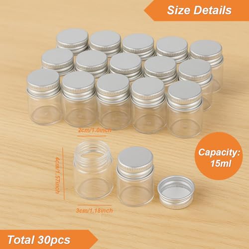30 Pack 15ml/0.5Oz Clear Glass Jars with Aluminum Screw Lids Small Refillable Bottles Leakproof Empty Mini Containers for Samples, Spices, Beads, Cosmetics, DIY Crafts (4cm x 3cm)