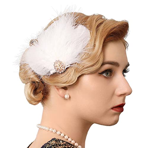 GENBREE 1920s Flapper Headband White Feather Hair Clip Rhinestone Headpiece Prom Party Hair Accessories for Women and Girls